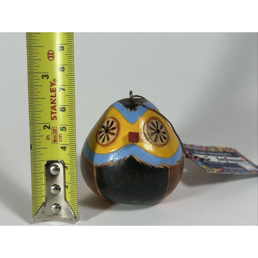 Hand-Painted/Carved South American Yellow &blue Owl Gourd Folk art Ornament - Picture 8 of 8